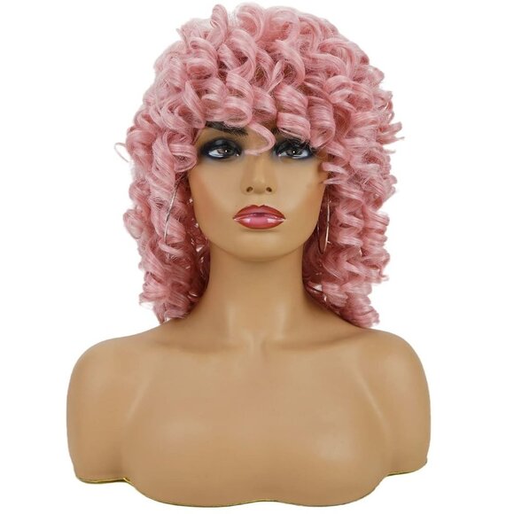 Pink Afro Curly Wig With Bangs - Picture 1 of 3